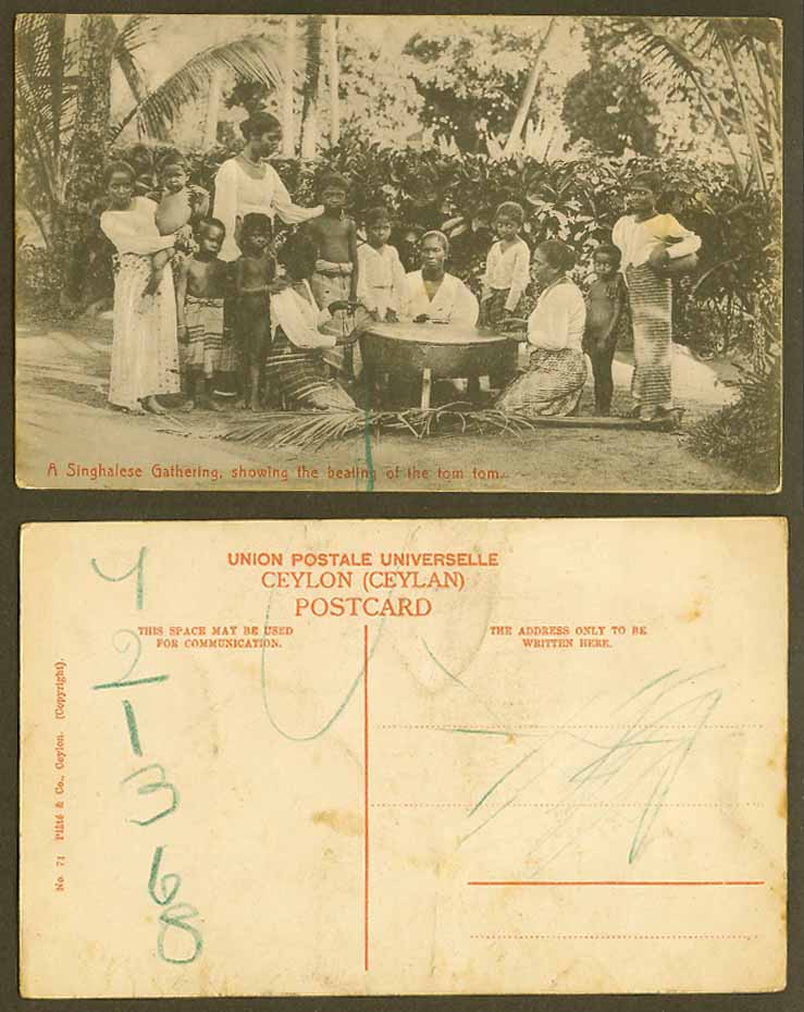 Ceylon Old Postcard A Singhalese Gathering Beating Tom Tom Drum Women Boys Girls