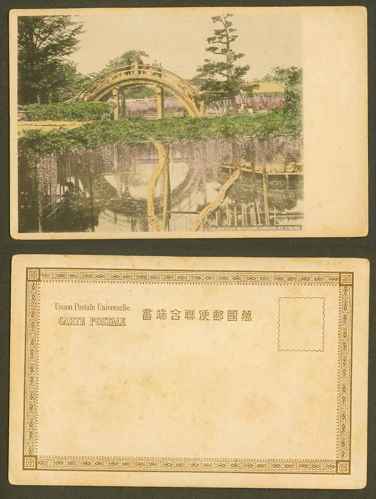 Japan Old Hand Tinted UB Postcard Wisteria Blossoms Kameido at Tokyo Arch Bridge