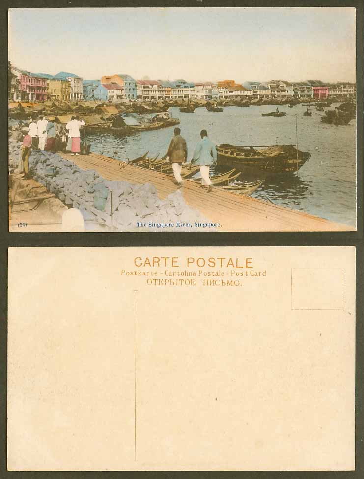 Singapore River Scene Old Hand Tinted Postcard Native Sampans Boats Harbour N.38
