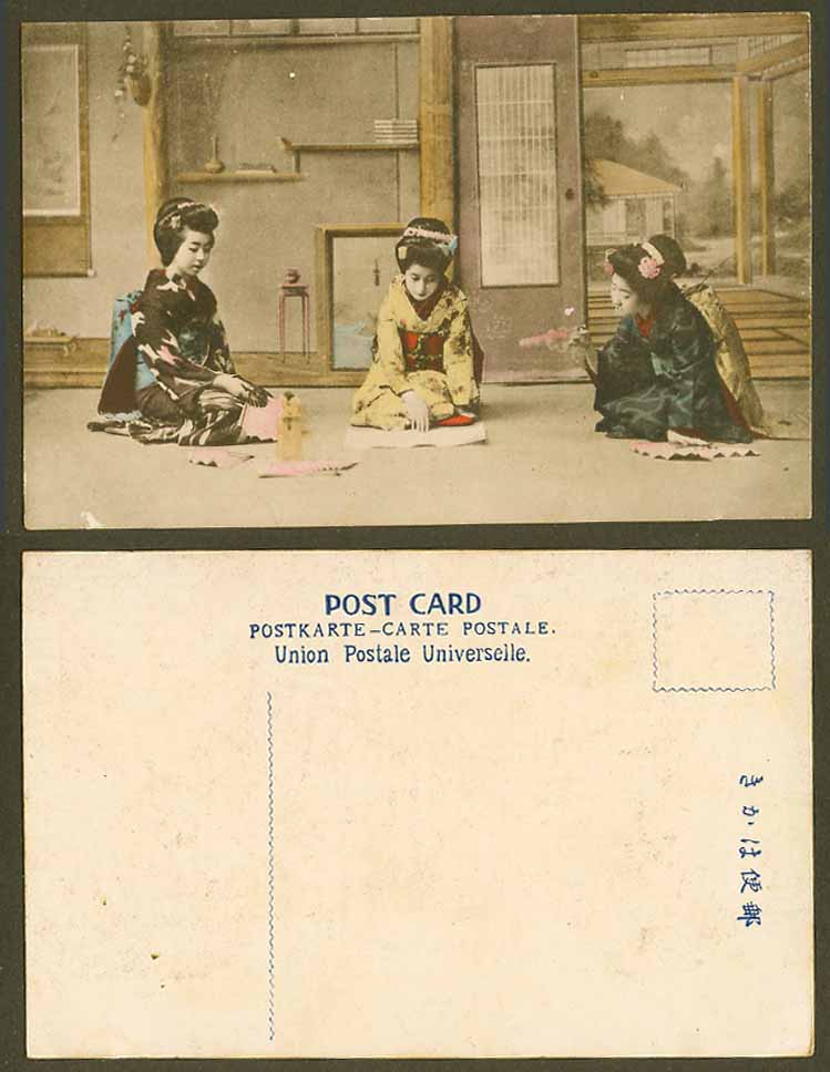 Japan Old Hand Tinted Postcard Geisha Girls Ladies Reading, Fans Kimono Costumes
