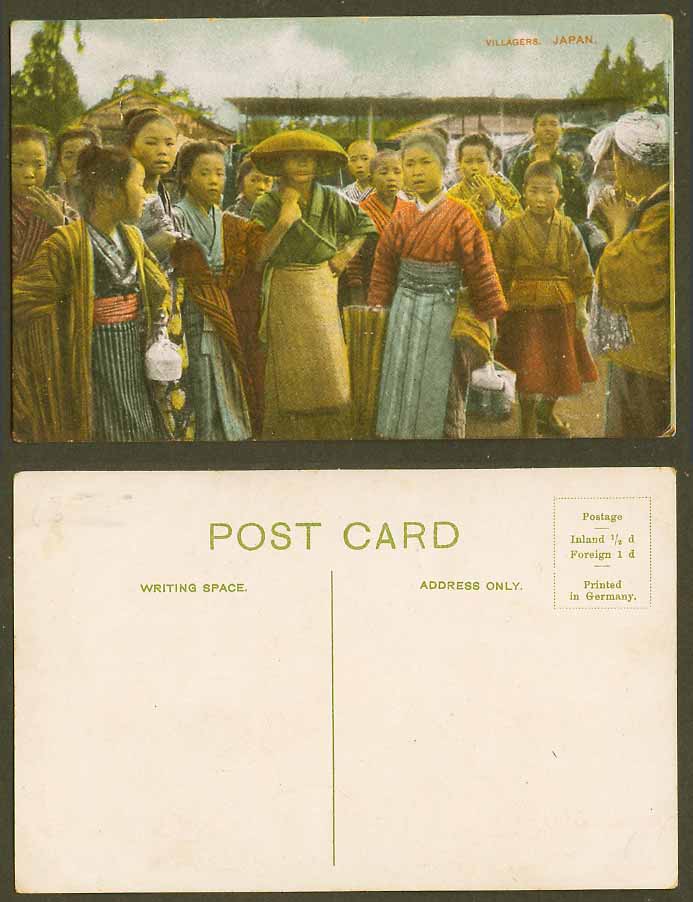 Japan Old Colour Postcard Native Villagers, Village Boys Girls Children Costumes