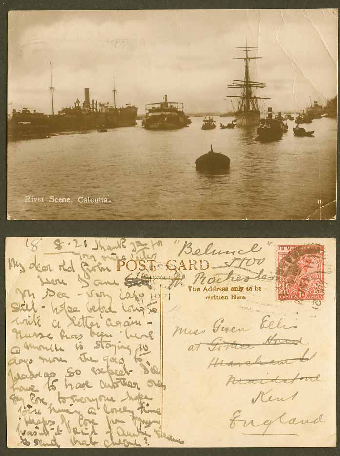 India KG5 1a 1921 Old RP Postcard River Scene Calcutta Steam Ships Boats Harbour