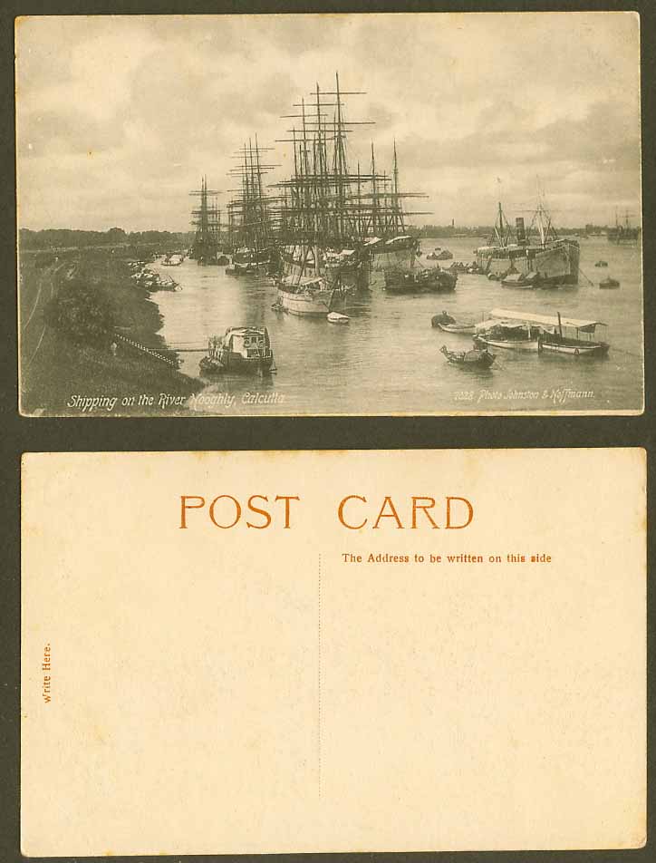 India Old Postcard Calcutta Shipping on Hooghly River Scene, Johnston & Hoffmann