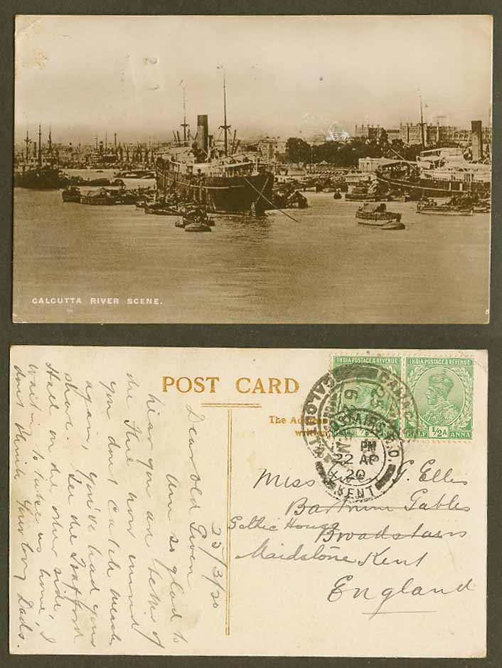 India KG5 1/2a x2 1920 Old Postcard River Scene Calcutta, Steamers Ships Harbour