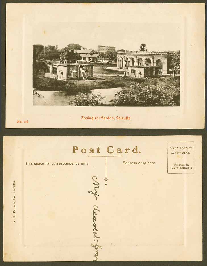 India Old Embossed Postcard Zoological Gardens Calcutta Zoo Lake A.H. Perris 116