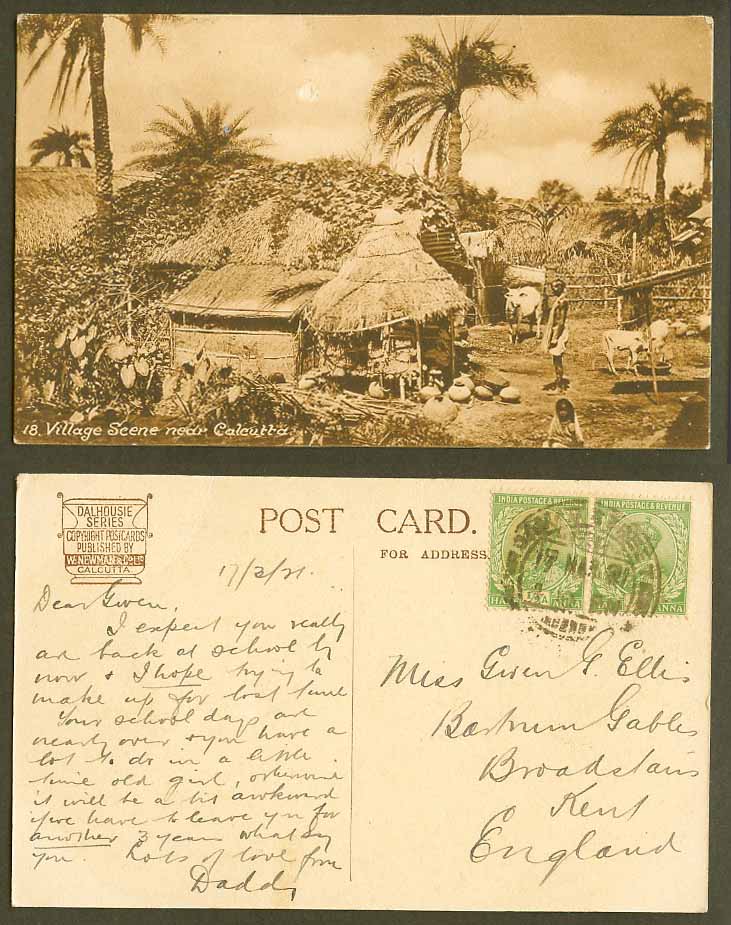 India KG5 1/2ax2 Camac Street 1921 Old Postcard Village Scene near Calcutta Huts