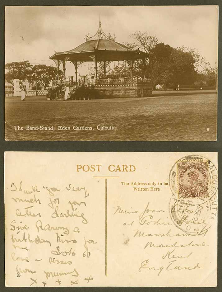 India KG5 1 1/2a 1921 Old RP Postcard Calcutta Bandstand Band-Stand Eden Gardens