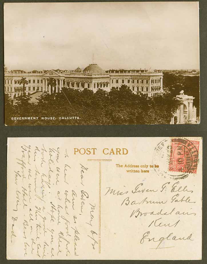 India KG5 1a to Kent 1920 Old Real Photo Postcard Government House, Calcutta