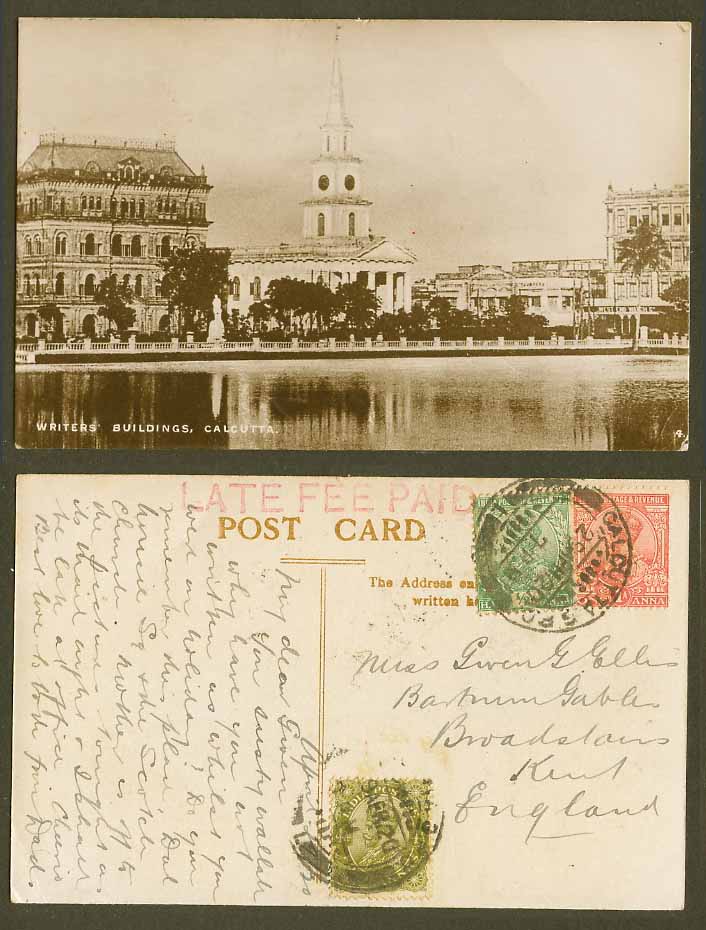 India KG5 1/2a 1a 4as Late Fee Paid 1920 Old Postcard Writers' Building Calcutta