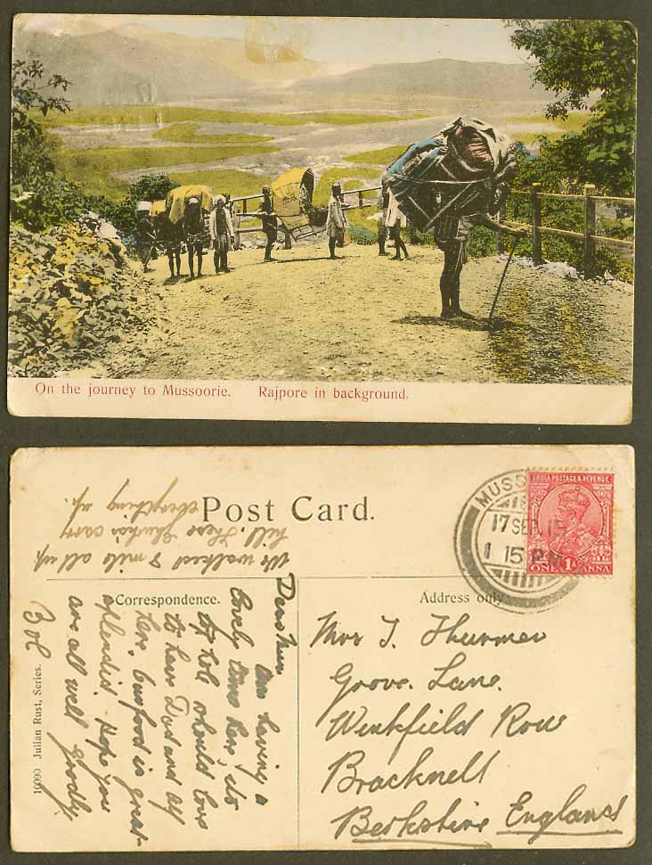 India 1a 1915 Old Postcard Coolies on Journey to Mussoorie Rajpore in Background