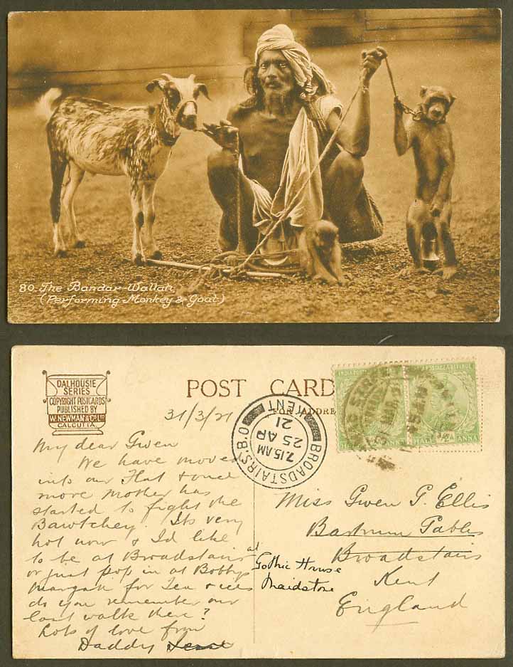 India KG5 1/2a x2 1921 Old Postcard The Bandar Wallah Performing Monkeys & Goat