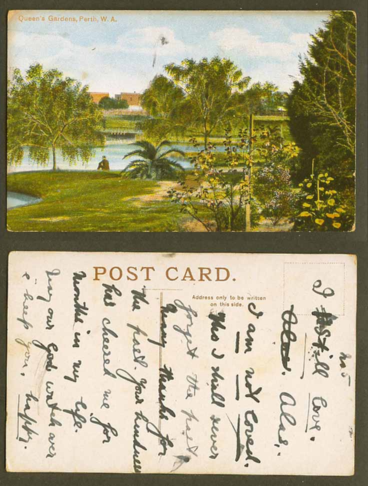Western Australia Old Postcard Queen's Gardens Perth W.A. Garden Man Lake Trees