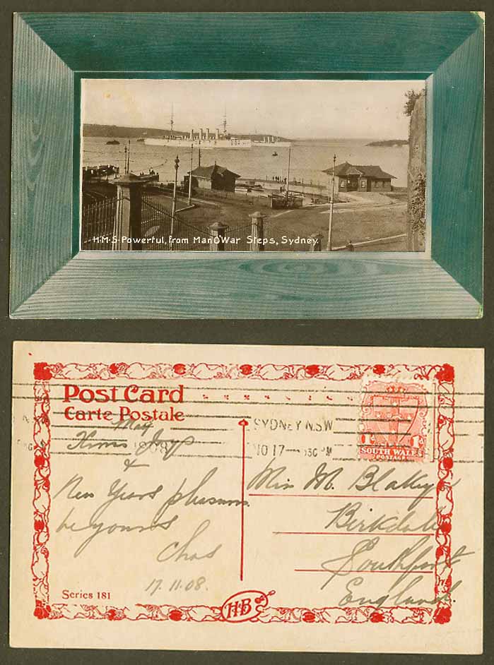 Australia 1d 1908 Old Postcard H.M.S. Powerful from Man O'War Steps Sydney, SHIP