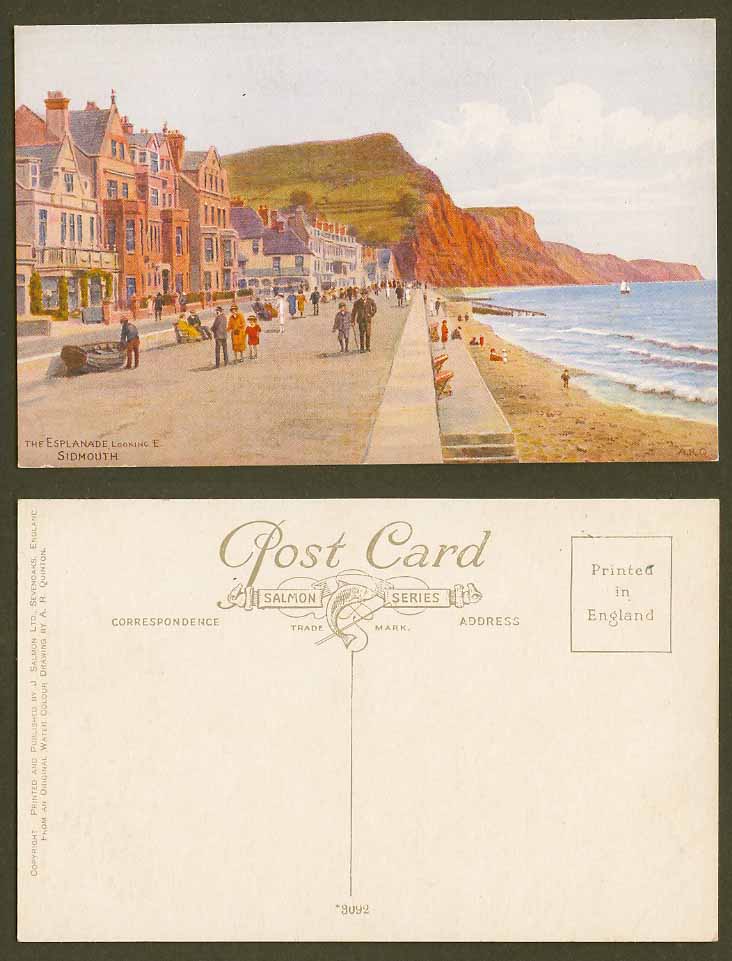 A.R. Quinton Old Postcard The Esplanade Looking E. East Sidmouth Devon Boat 3092