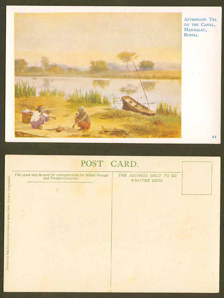 Burma F.M. Muriel Artist Signed Old Postcard Afternoon Tea on the Canal Mandalay