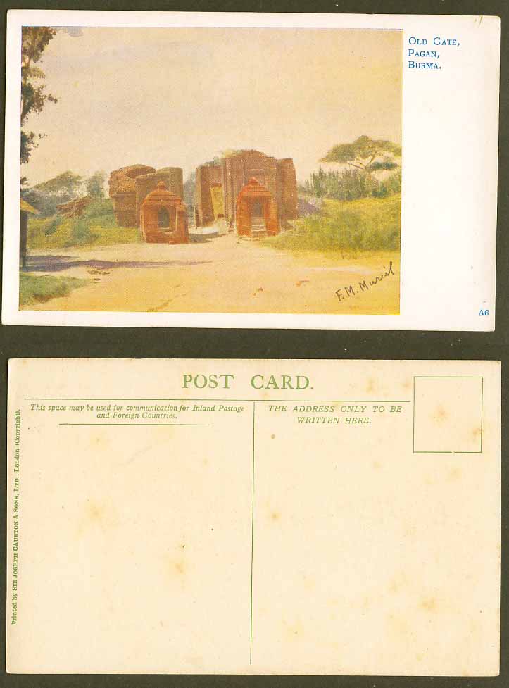 Burma F.M. Muriel Artist Signed Vintage Postcard Old Gate PAGAN, Gates Art Drawn