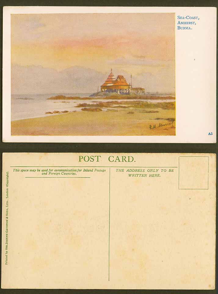 Burma F.M. Muriel Artist Signed Old Postcard Sea-Coast Amherst, Kyaikkhami, Mon