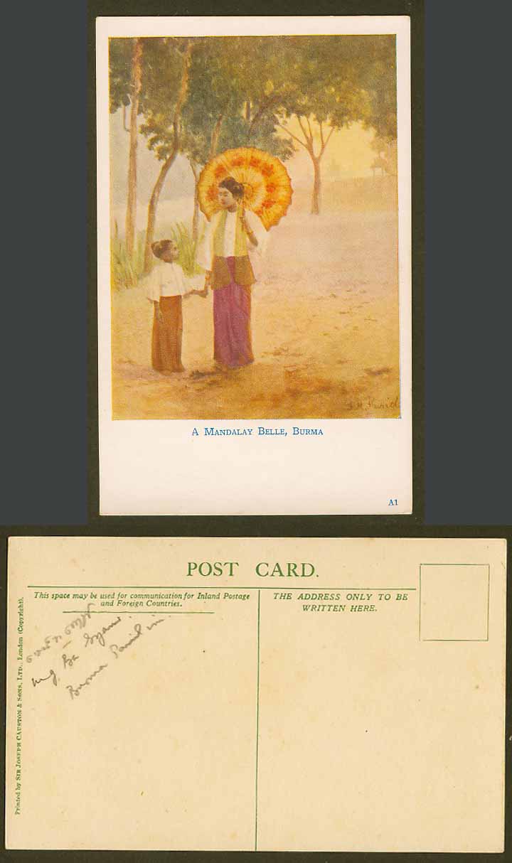 Burma F.M. Muriel Artist Signed Old Postcard Belle Beauty Woman & Girl Mandalay