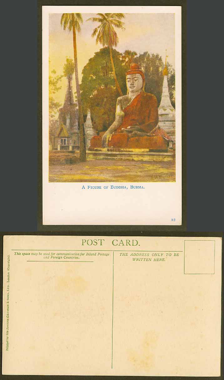 Burma F.M. Muriel Artist Signed Old Postcard A Figure of Buddha Statue Palm Tree