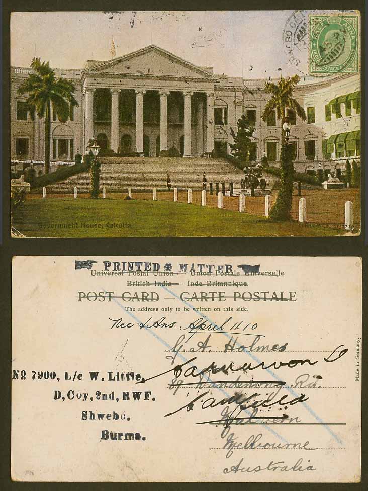 India Shwebo Burma KE7 1910 Old Colour Postcard Government House Calcutta Guards