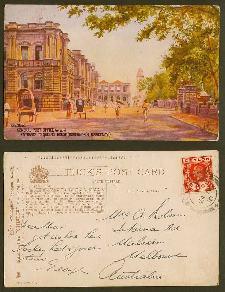 Ceylon 1916 Old Tuck's Oilette Postcard General Post Office Colombo Queens House