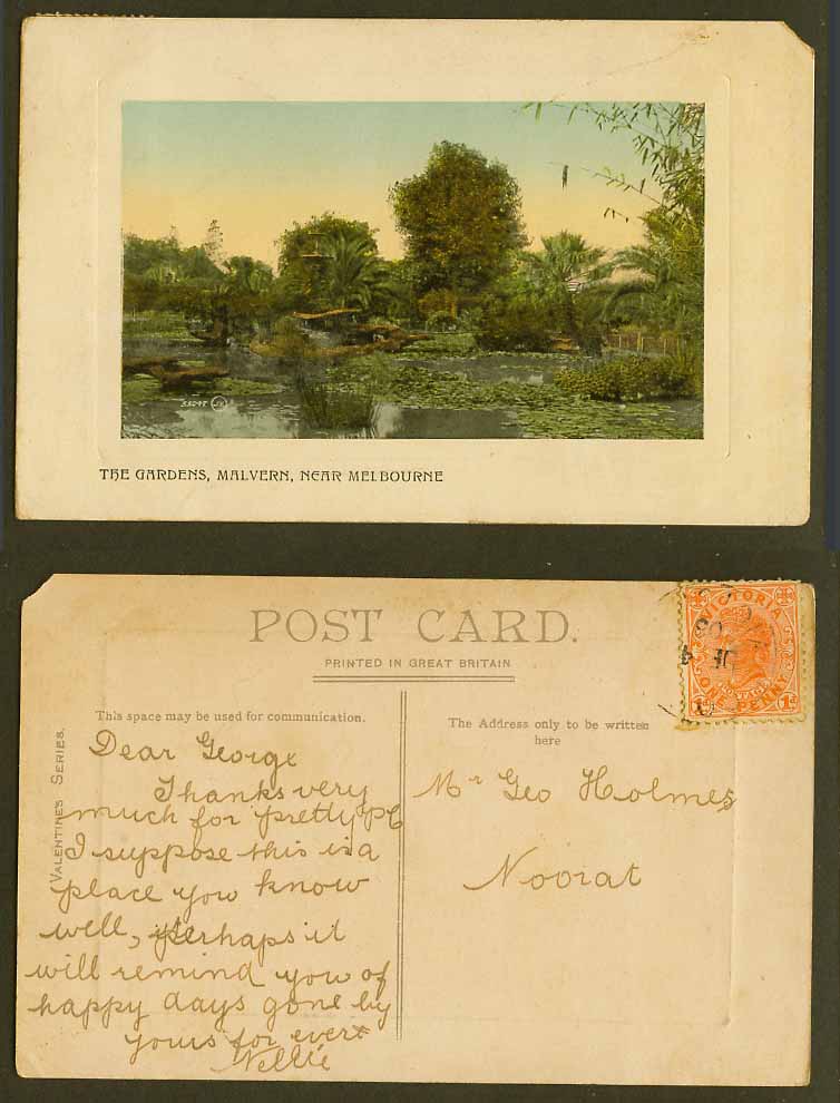 Australia Queen Victoria 1d 1908 Old Postcard Malvern The Gardens Near Melbourne