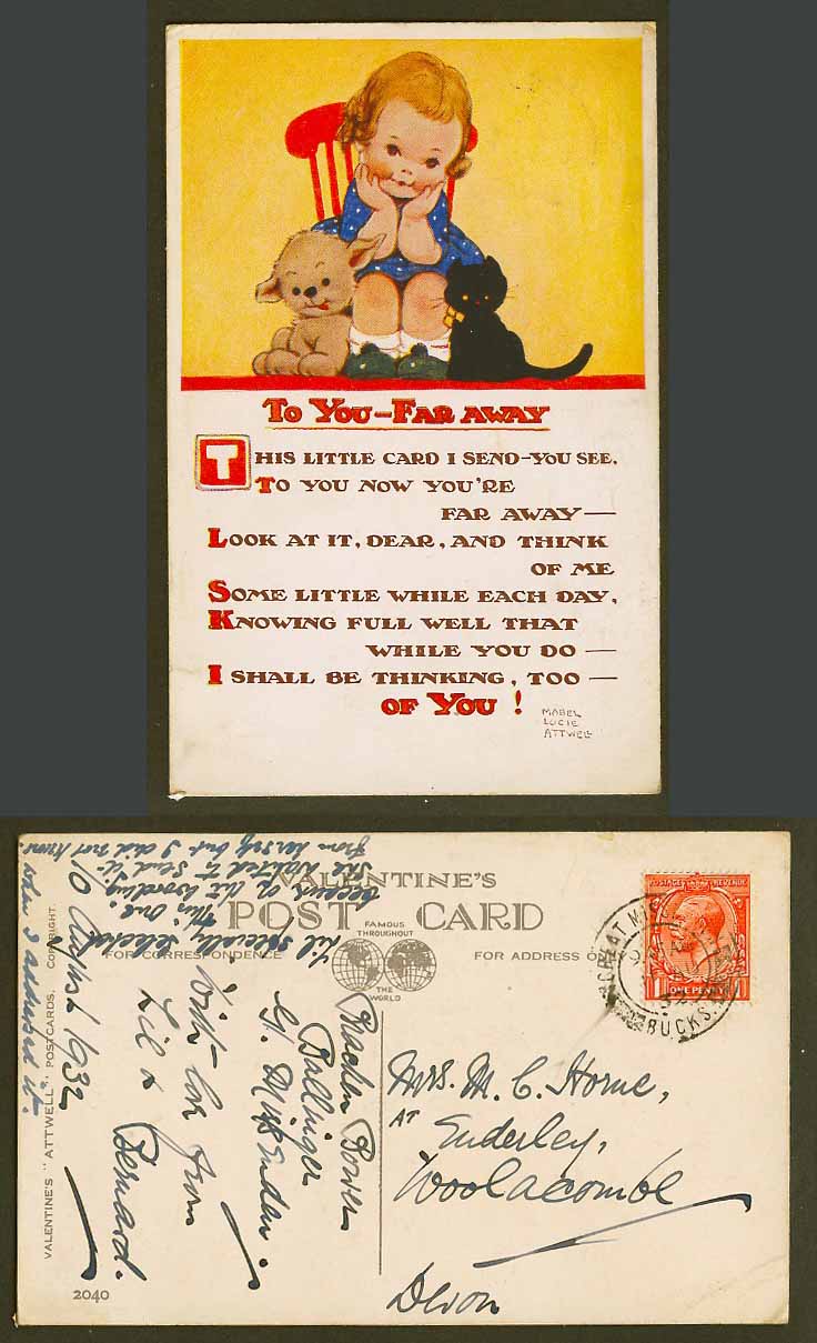 MABEL LUCIE ATTWELL 1932 Old Postcard To You Far Away Black Cat Kitten Dog N2040