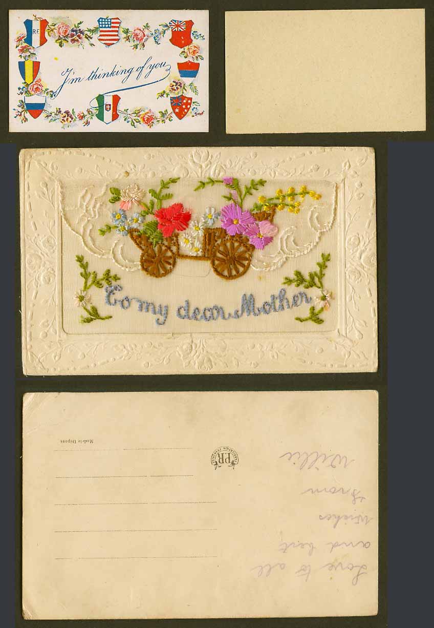 WW1 SILK Embroidered Old Postcard To My Dear Mother I'm Thinking Of You flw Cart