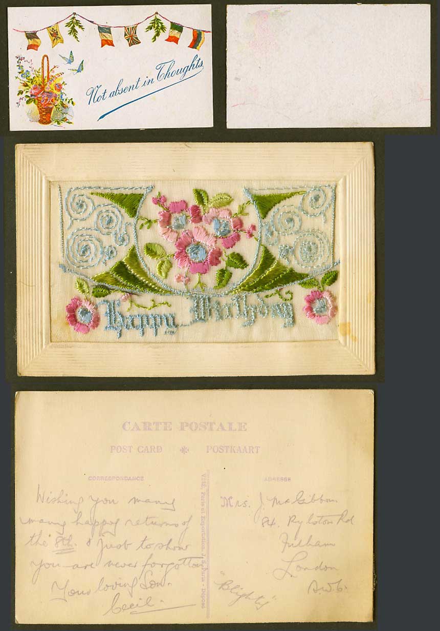 WW1 SILK Embroidered Old Postcard Happy Birthday, Not absent in Thoughts, Wallet