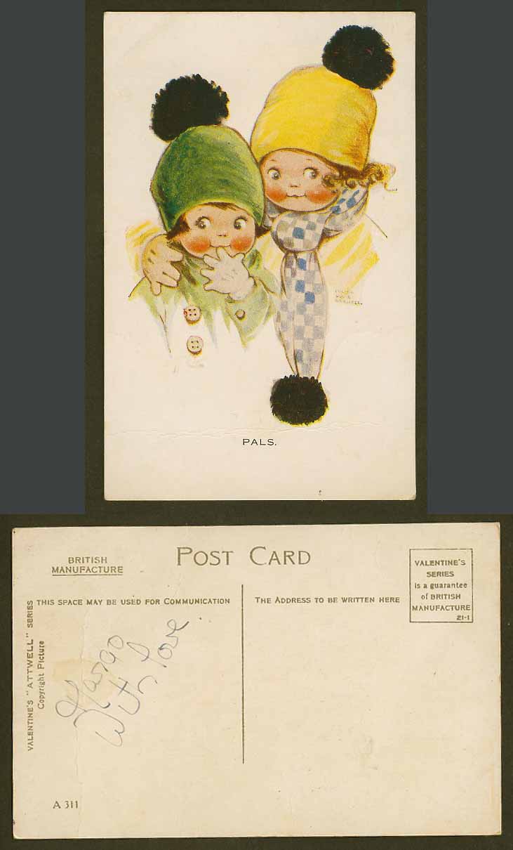 MABEL LUCIE ATTWELL Old Postcard Pals Little Girls wear Wooly Hat and Scarf A311