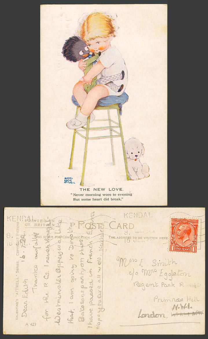 MABEL LUCIE ATTWELL 1922 Old Postcard New Love But Some Heart Did Break Dog A423