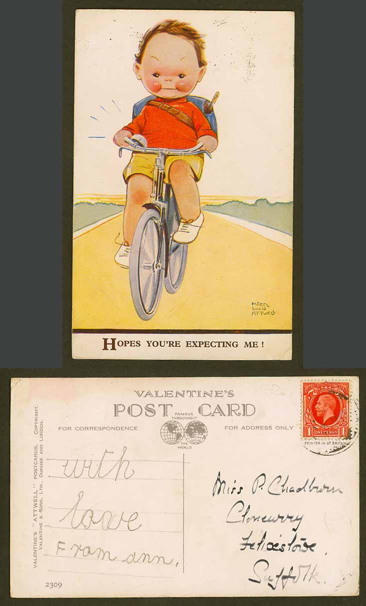 MABEL LUCIE ATTWELL Old Postcard Cyclist Bicycle Hopes You're Expecting Me! 2309