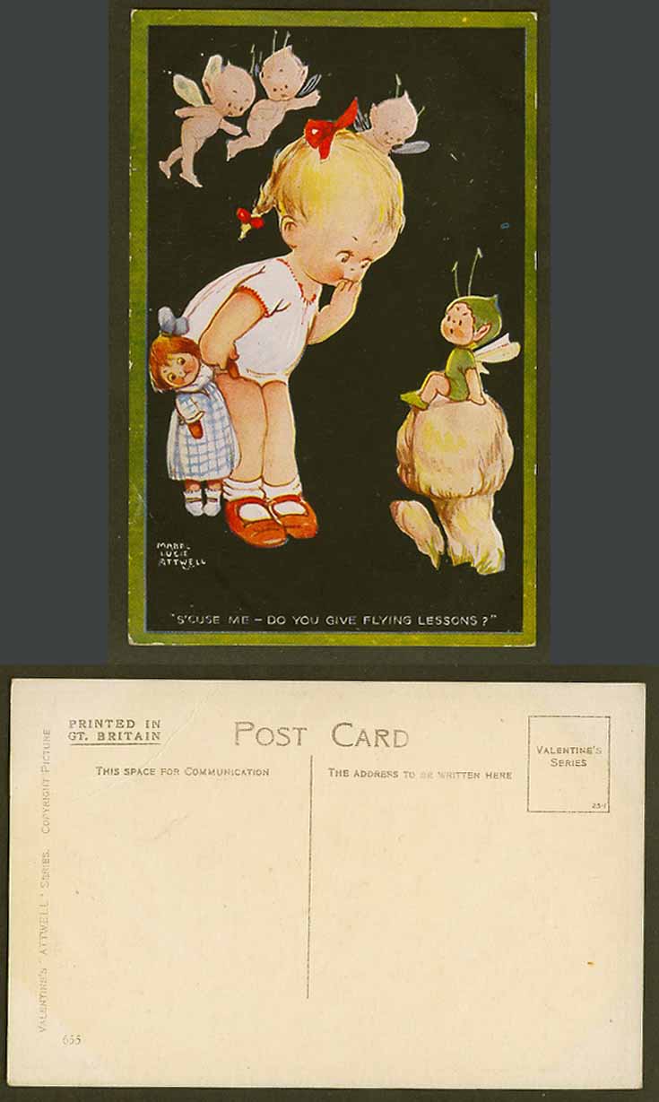 MABEL LUCIE ATTWELL Postcard Little Girl Doll Fairies Do You Give Fly Lesson 655
