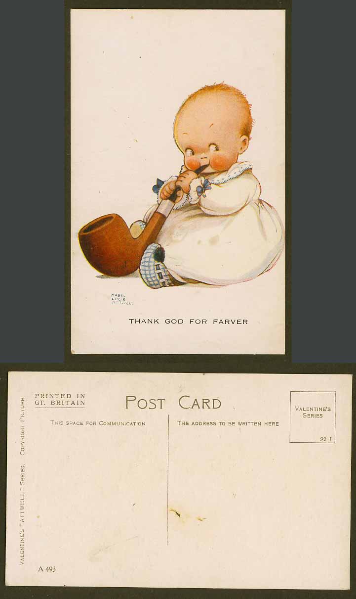 MABEL LUCIE ATTWELL Old Postcard Baby Smoking Big Pipe Thank God For Farver A493