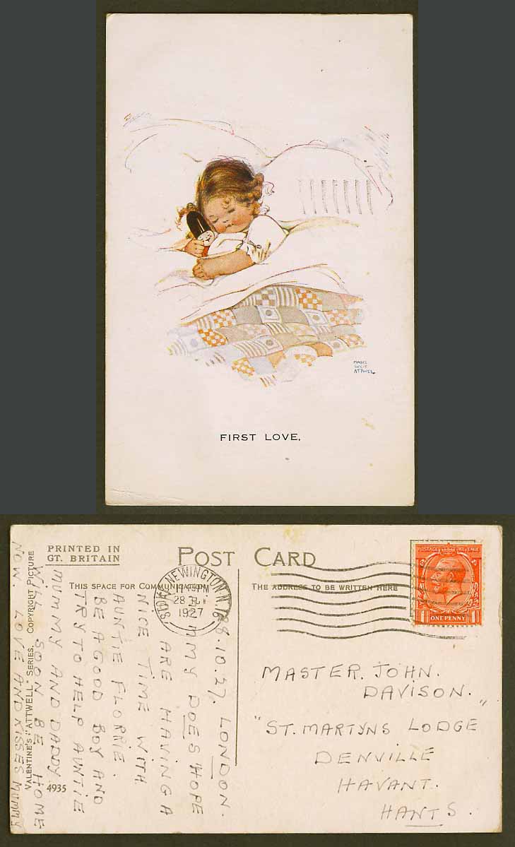 MABEL LUCIE ATTWELL 1927 Old Postcard FIRST LOVE, Girl & Toy Soldier on Bed 4935