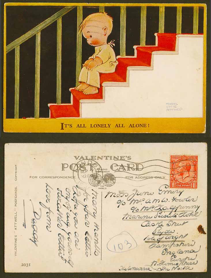 MABEL LUCIE ATTWELL 1932 Old Postcard It's All Lonely All Alone! Boy Stairs 2031