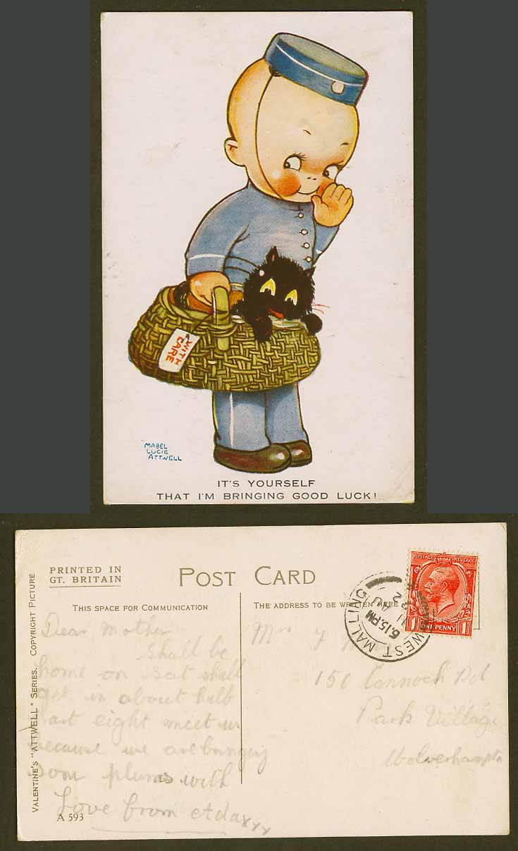 MABEL LUCIE ATTWELL 1922 Old Postcard Black Cat Kitten I Bringing Good Luck A593