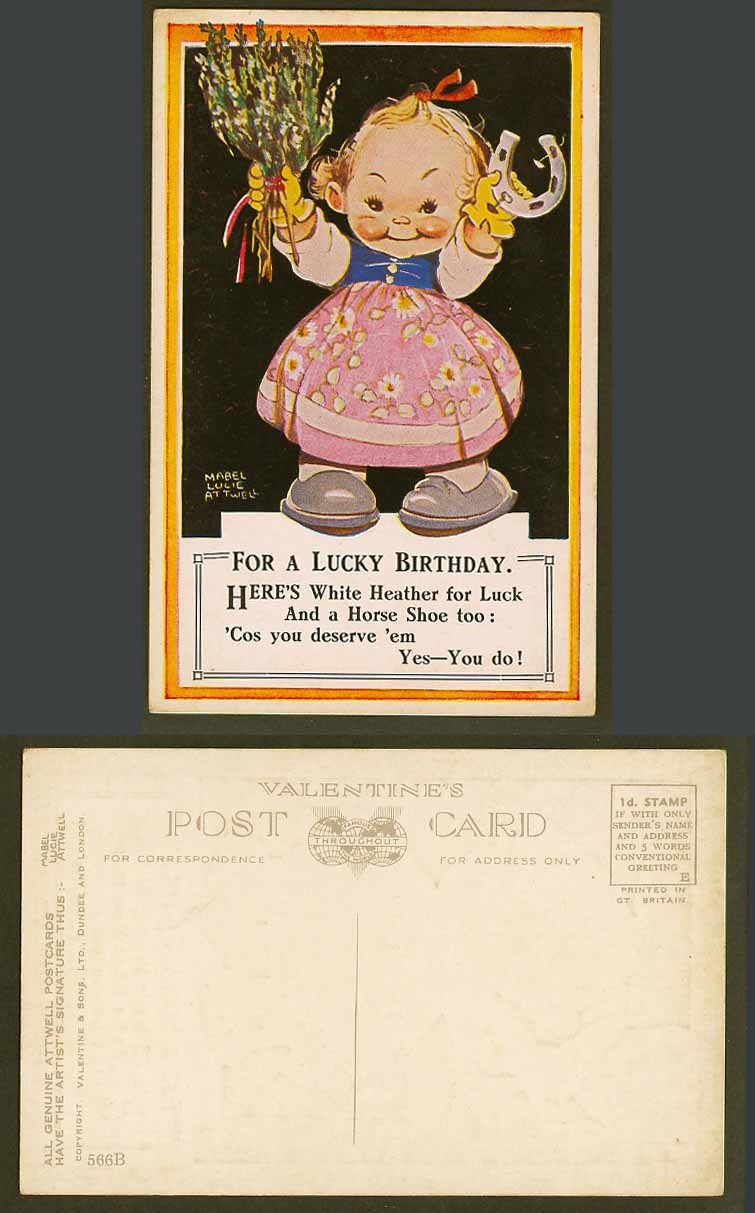 MABEL LUCIE ATTWELL Old Postcard Horseshoe Heather Little Girl & Flowers   566B