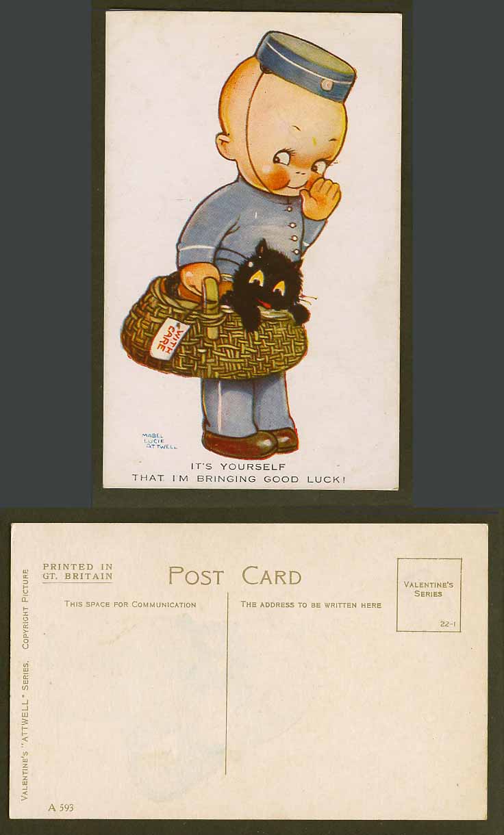 MABEL LUCIE ATTWELL c1920 Old Postcard Boy Black Cat I'm Bringing Good Luck A593
