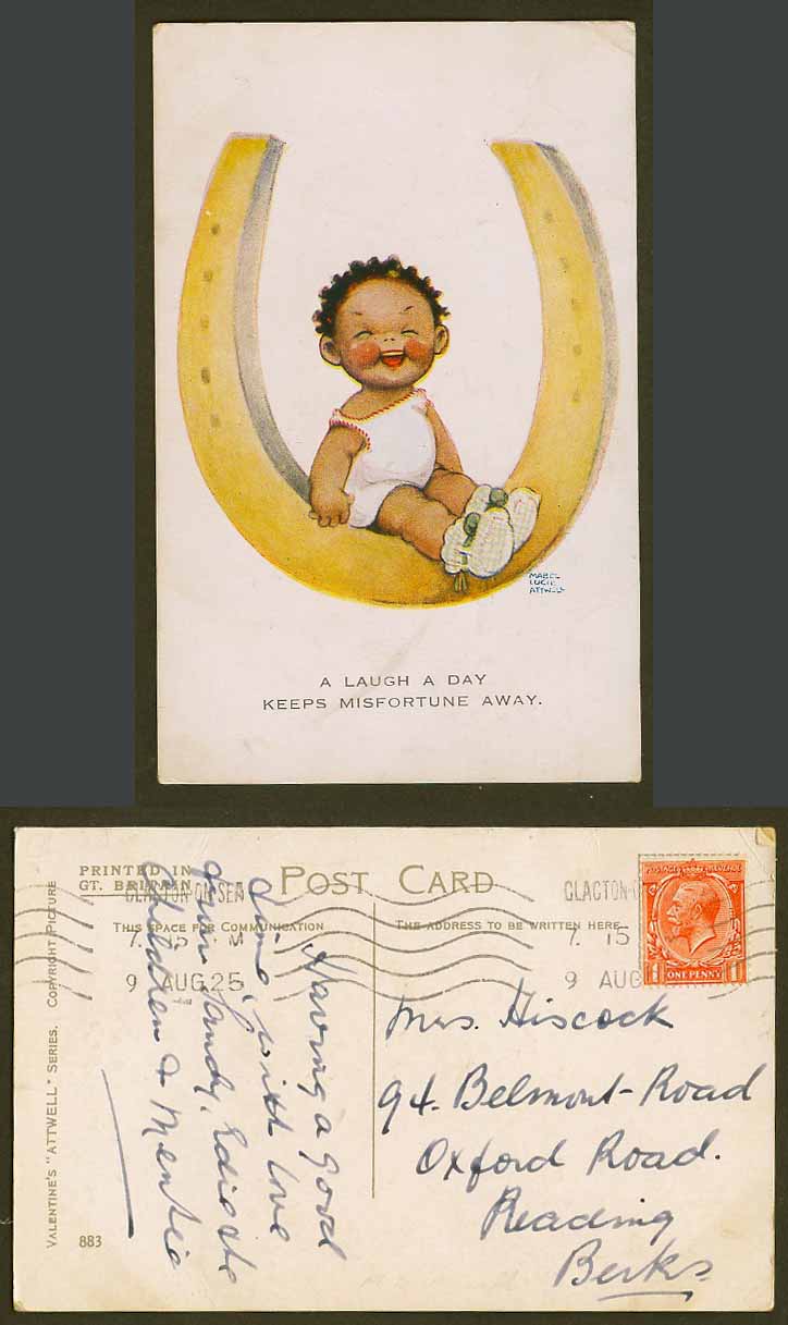 MABEL LUCIE ATTWELL 1925 Old Postcard Laugh Keeps Misfortune Away Black Girl 883