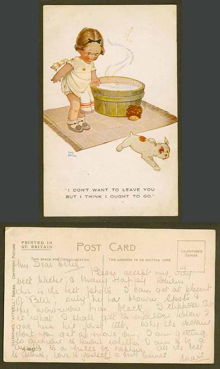 MABEL LUCIE ATTWELL Old Postcard Dog Bathtub - I Don't Want to Leave You A4645-2