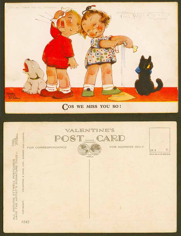 MABEL LUCIE ATTWELL Old Postcard Get Well Quick Cos We Miss You So! Cat Dog 2543