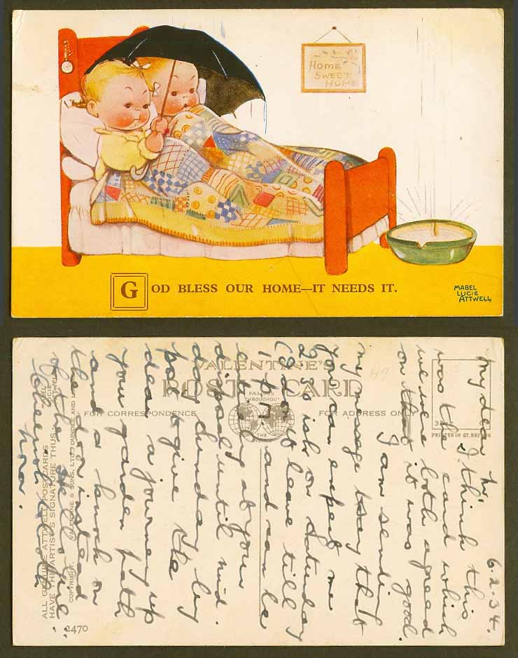 MABEL LUCIE ATTWELL Old Postcard God Bless Our Home It Needs it Umbrella No.2470