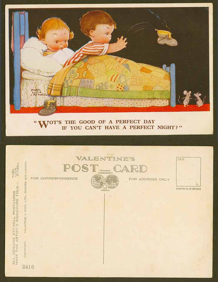 MABEL LUCIE ATTWELL Old Postcard You Can't Have Perfect Night? Mice Rat Bed 2416