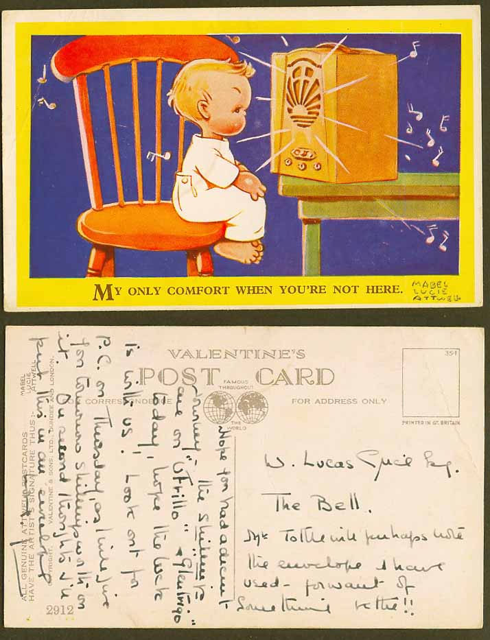 MABEL LUCIE ATTWELL Old Postcard Music Note My Comfort When You're Not Here 2912