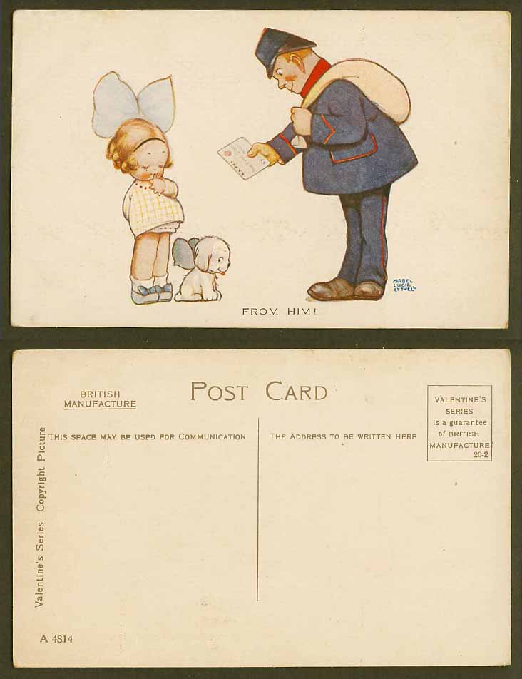 MABEL LUCIE ATTWELL Old Postcard From Him! Postman Deliver Letter Girl Dog A4814
