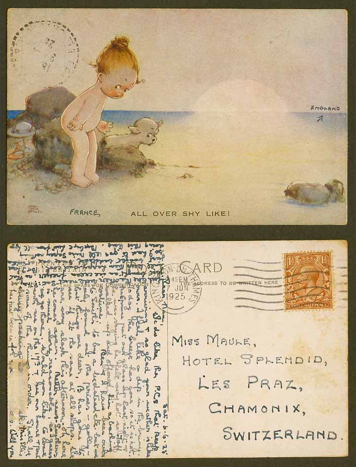 MABEL LUCIE ATTWELL 1925 Old Postcard All Over Shy Like Girl Beach Dog Puppy 804