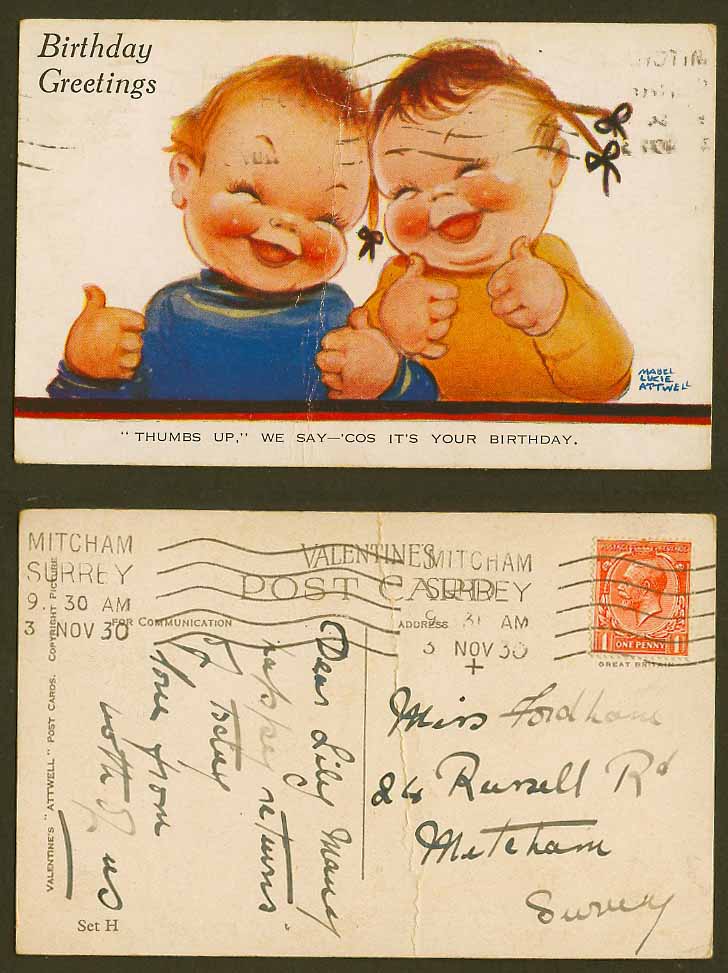 MABEL LUCIE ATTWELL 1930 Old Postcard Thumbs Up, We Say Birthday Greetings Set H
