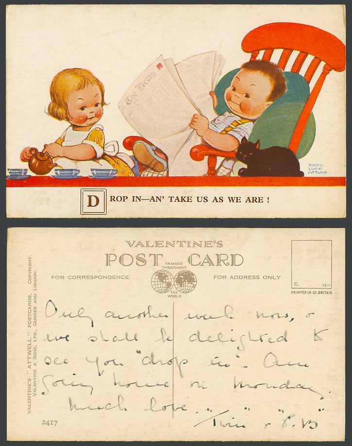 MABEL LUCIE ATTWELL c.1920 Old Postcard Black Cat Drop In & Take Us As We R 2417