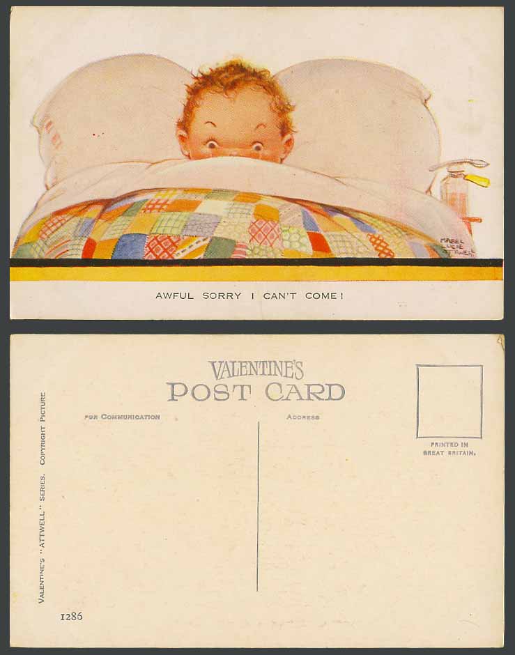 MABEL LUCIE ATTWELL Old Postcard Awful Sorry I Can't Come! Child Bed Pillow 1286